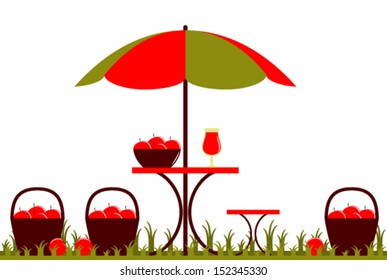 vector table with umbrella and baskets of apples isolated on white background