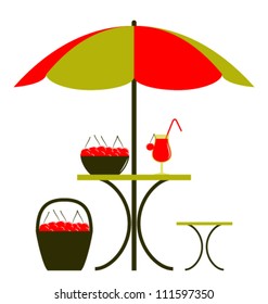 vector table with umbrella, cherry juice and cherries isolated on white background