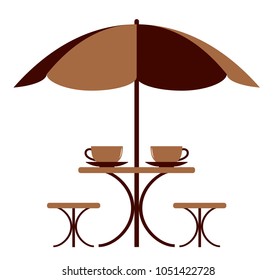 vector table with umbrella and cups of coffee isolated on white background