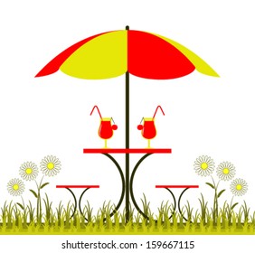 vector table with umbrella, drinks and daisies