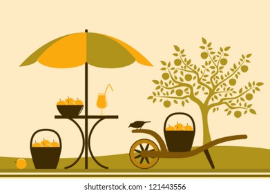 vector table with umbrella and hand barrow with basket of apples in apple orchard