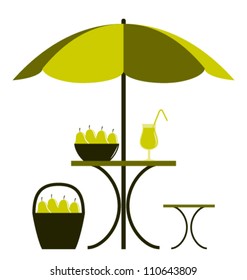 vector table with umbrella, pear juice and pears isolated on white background