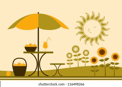 vector table with umbrella and sunflowers