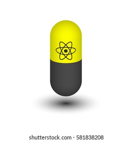 Vector tablet with atom icon. Two-tone capsule. Design element. Radioactive medical drug. Pill with the isotope.