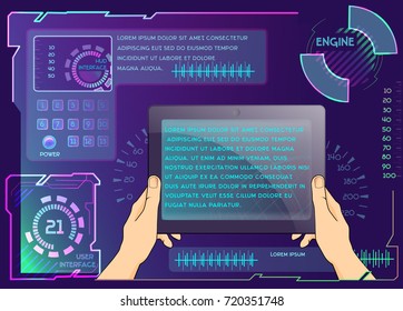 Vector Tablet background with space for text.  Use in website, corporate report, presentation, advertising, marketing. Vibrant neon colors in a gaming style. With hud interface elements.