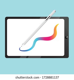 Vector Of Tablet With Digital Pen Drawing Colorful Line