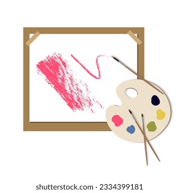 Vector tablet for drawing with paper, brushes and paint in tubes.
Artist's tool. Art concept illustration for your design. Painter at work.