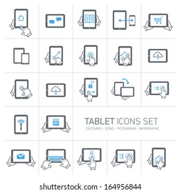 Vector tablet icons set with gestures and pictograms | flat design infographics grey and blue on white background