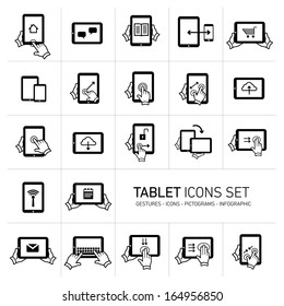 Vector tablet icons set with gestures and pictograms | flat design infographics black on white background