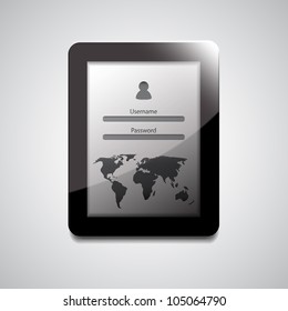 Vector tablet login form with world map (location pointer)