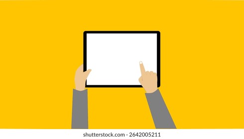 Vector Tablet Mockup. Man Holding Blank Device on Yellow Background	
