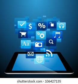 Vector Tablet PC with cloud of application icons