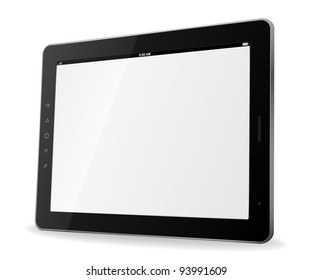 Vector tablet pc with empty white screen and black frame. Perspective view. Object isolated of background. EPS8 illustration