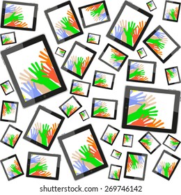 vector Tablet pc with people hand on screen, vector technology pattern