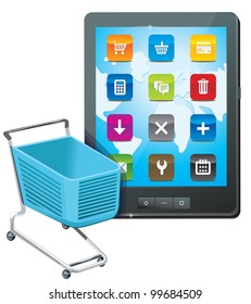 vector tablet pc with shopping cart icon - ecommerce concept