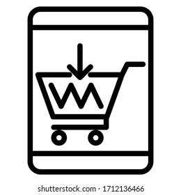 Vector  tablet phone shop outline icon with cart on white background.