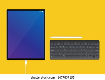 Vector Tablet with White pen & Black Keyboard on yellow background