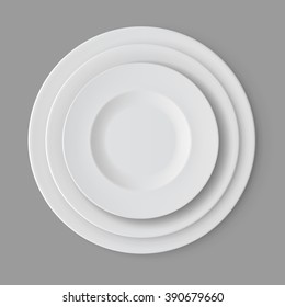 Vector Tableware Set of White Empty Plates Top View Isolated on Background. Table Setting