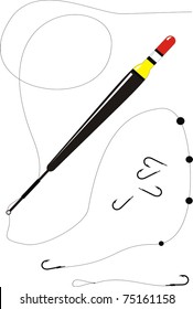Vector tackle (float, hook, sinker, line)- isolated, white background.
