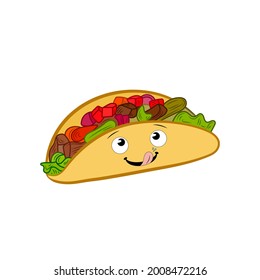 Vector Taco with Funny Licking Lips Face, Colorful Illustration isolated on White Background.