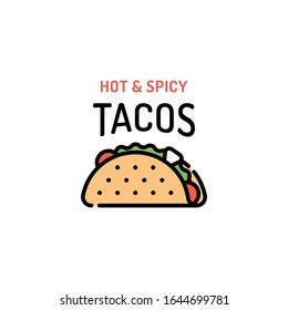 Vector taco logo design template. Mexican traditional food logotype with tortilla, salad, tomato, beef. Line street fast food label illustration. Hot and spicy concept for bar, cafe, stall, delivery