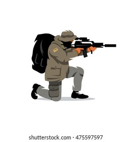 Vector Tactical shooting warrior Cartoon Illustration. The shooter shoots with a knee. Unusual Logo template isolated on a white background