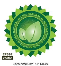 Vector : Tag or Badge For 100 Percent Natural Sign Present By Green Leaf Icon With Leaf Around Isolated on White Background