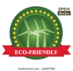 Vector : Tag or Badge For Eco-Friendly or Save Energy Sign Present By Green Wind Turbine Icon and Yellow Star Around With Red Eco-Friendly Ribbon Isolated on White Background
