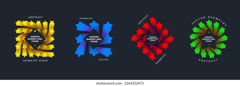 Vector tag with bright dynamic stars in a geometric frame, creative 3D label for business, company. Set of flyers with design, gradient banner. Template of yellow, blue, red, green elements