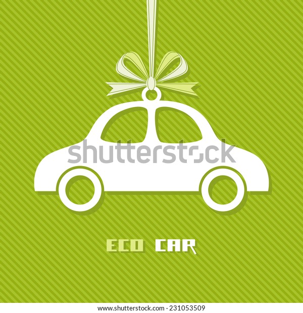 Vector tag car with ribbon and bow. Sign of automobile\
for sale. Simple icon. Green illustration with silhouette of\
vehicle for print, web.\

