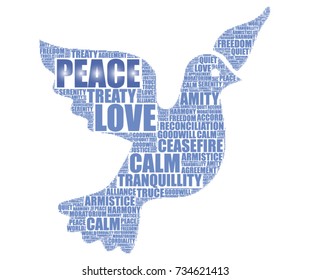 vector tag cloud with a dove, symbol of peace