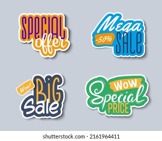 Vector tag with color design, big sale; best price; mega; discount; special offer. Sticker for advertising, promotion. Set with bright icons