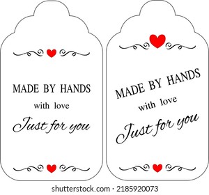 etiqueta vectorial a producto hecho a mano, con el mensaje "Hecho por las manos, con amor, sólo por ti.
