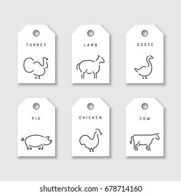 Vector tag with the image of farm animals making farm products for sale in the store