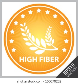 Vector : Tag, Sticker or Badge For Healthy, Weight Loss, Diet or Fitness Product Present By Orange Badge With High Fiber Text, Wheat Sign and Little Star Around Isolated on White Background 