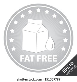 Vector : Tag, Sticker or Badge For Healthy, Weight Loss, Diet or Fitness Product Present By Gray Badge With Fat Free Text, Milk Box Sign and Little Star Around Isolated on White Background 
