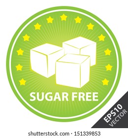 Vector : Tag, Sticker or Badge For Healthy, Weight Loss, Diet or Fitness Product Present By Green Badge With Sugar Free Text, Cube Sugar Sign and Little Star Around Isolated on White Background 