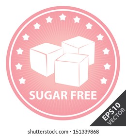 Vector : Tag, Sticker or Badge For Healthy, Weight Loss, Diet or Fitness Product Present By Pink Badge With Sugar Free Text, Cube Sugar Sign and Little Star Around Isolated on White Background 