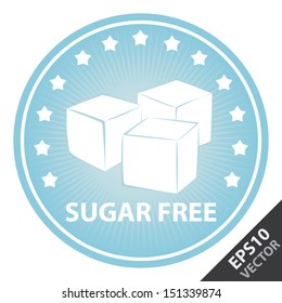 Vector : Tag, Sticker or Badge For Healthy, Weight Loss, Diet or Fitness Product Present By Blue Badge With Sugar Free Text, Cube Sugar Sign and Little Star Around Isolated on White Background 