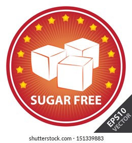 Vector : Tag, Sticker or Badge For Healthy, Weight Loss, Diet or Fitness Product Present By Red Badge With Sugar Free Text, Cube Sugar Sign and Little Star Around Isolated on White Background 