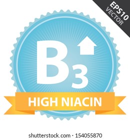 Vector : Tag, Sticker or Badge For Healthy, Weight Loss, Diet or Fitness Product Present By Orange High Niacin Ribbon on Blue Badge With High Vitamin B3 Sign Isolated on White Background 