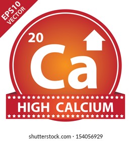 Vector : Etiqueta, pegatina o distintivo para productos saludables, con pérdida de peso, dietas o fitness, presentes mediante signo de alto calcio en placa de brillo rojo con etiqueta roja de calcio alto aislada en fondo blanco 