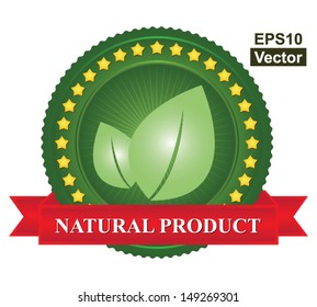 Vector : Tag, Sticker or Badge For Organic Product Present By Green Leaf Icon and Yellow Star Around With Red Natural Product Ribbon Isolated on White Background 