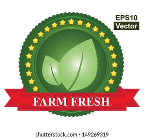 Vector : Tag, Sticker or Badge For Organic Product Present By Green Leaf Icon and Yellow Star Around With Red Farm Fresh Ribbon Isolated on White Background 