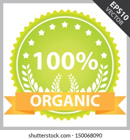 Vector : Tag, Sticker or Badge For Organic and Natural Product Present By Orange Organic Ribbon on Green Badge With 100 Percent Text, Crops Sign and Little Star Around Isolated on White Background 