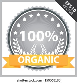Vector : Tag, Sticker or Badge For Organic and Natural Product Present By Orange Organic Ribbon on Gray Badge With 100 Percent Text, Crops Sign and Little Star Around Isolated on White Background 