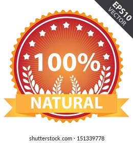 Vector : Tag, Sticker or Badge For Organic and Natural Product Present By Orange Natural Ribbon on Red Badge With 100 Percent Text, Crops Sign and Little Star Around Isolated on White Background 