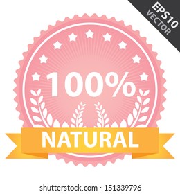 Vector : Tag, Sticker or Badge For Organic and Natural Product Present By Orange Natural Ribbon on Pink Badge With 100 Percent Text, Crops Sign and Little Star Around Isolated on White Background 