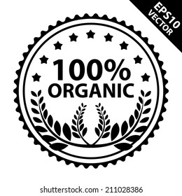 Vector : Tag, Sticker or Badge For Organic and Natural Product Present By Black and White Organic Badge With 100 Percent Text, Crops Sign and Little Star Around Isolated on White Background 