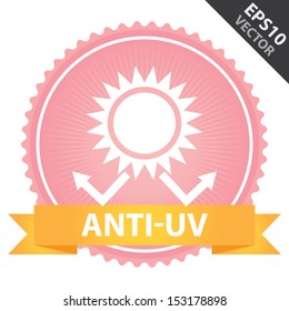 Vector : Tag, Sticker or Badge Present By Orange Ribbon on Pink Badge With Anti-UV Text, Sun Protection Sign Isolated on White Background 